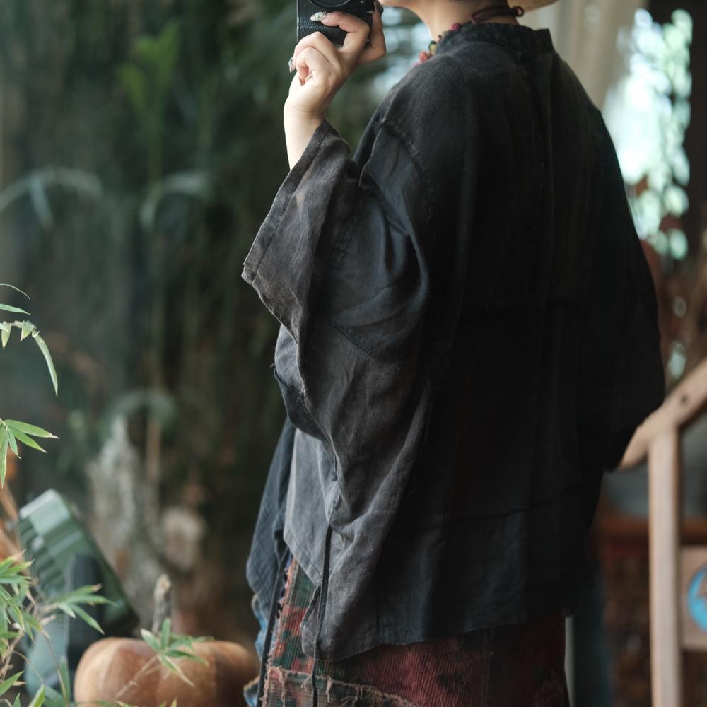 Retro Black Patchwork Linen Shirt with Frayed Edges and Frog Buttons