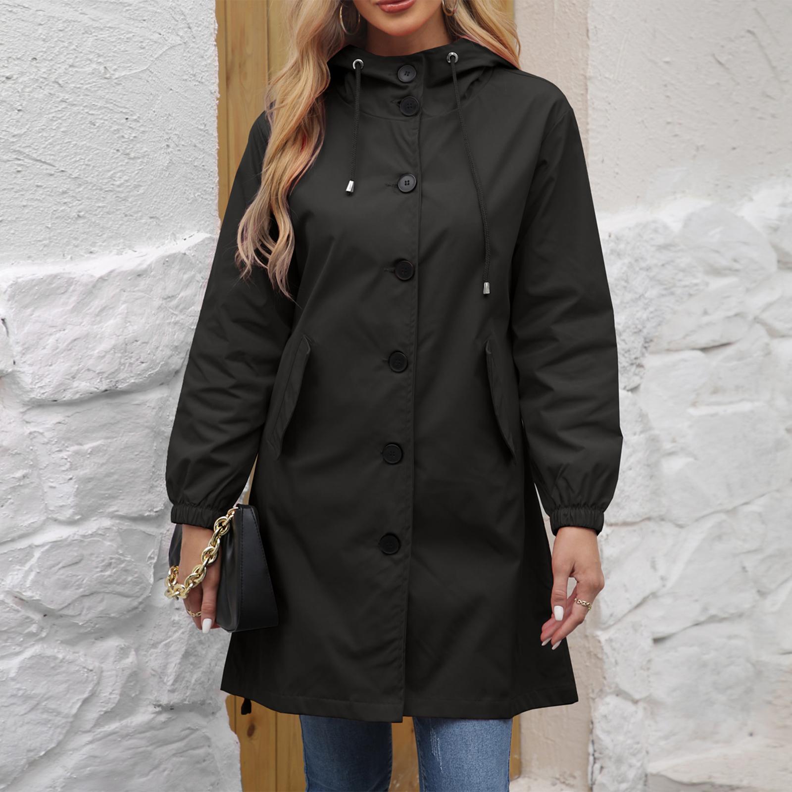 

Женская модная однотонная куртка-ветровка с капюшоном, длинными рукавами, карманами на молнии, водонепроницаемая, свободного кроя S чёрный