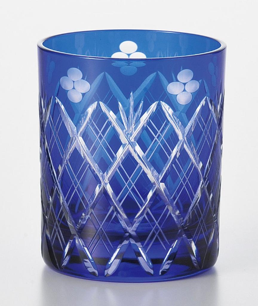 Edo Kiriko Glass Rocks Glass 250ml Lazuli Blue Small Flower Sword Yarai Crest Wooden Made In Japan 223526 (In Box)
