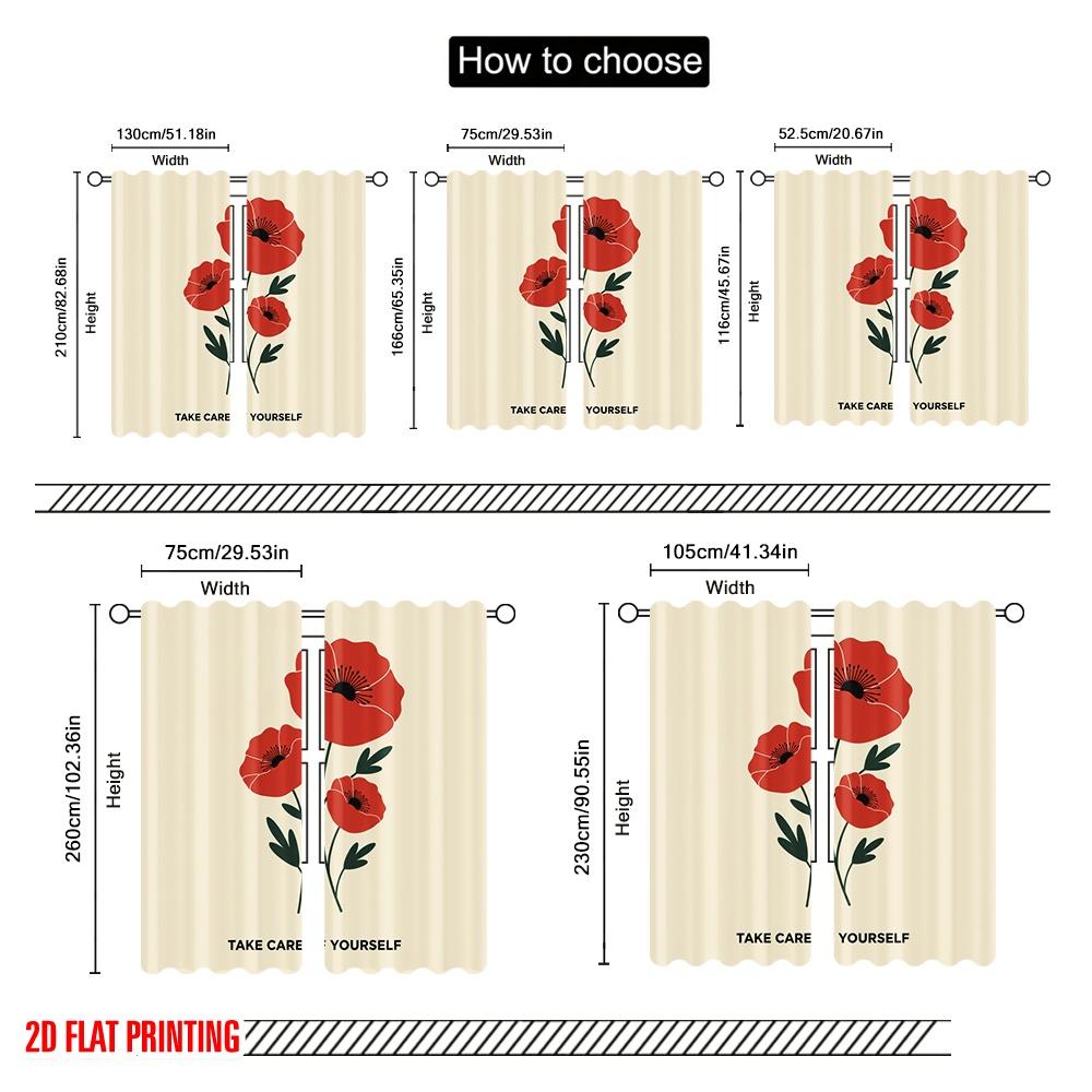 2pcs 2D flat printing Window Curtains Poppy flowers take care yourself 100% Polyester Fabric Without Electricity Festive Wall