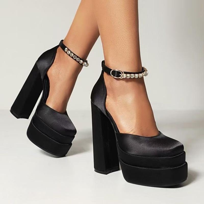 Modne Damskie Buty na Super Wysokim Obcasie Jesień Nowe Kwadratowy Czubek Płytkie Wcięcie Satynowy Pasek z Cyrkoniami z Grubą Podeszwą Antypoślizgowe Niskie Buty