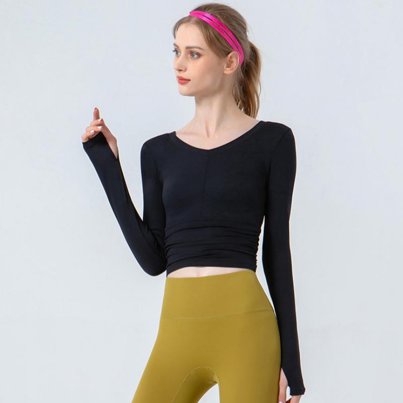 

Новая одежда для йоги с длинными рукавами, женская с V-образным вырезом, плиссированная, облегающая, с открытым пупком, быстросохнущая, дышащая одежда для фитнеса S чёрный