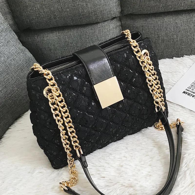 Standard diamond chain shoulder bag for women black lace bag PU leather ladies bags