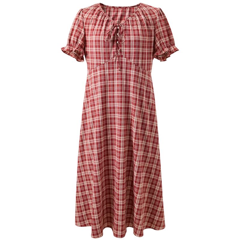 San Cai Plus Size Orange-Red Plaid V-Neck Short Sleeve Dress M