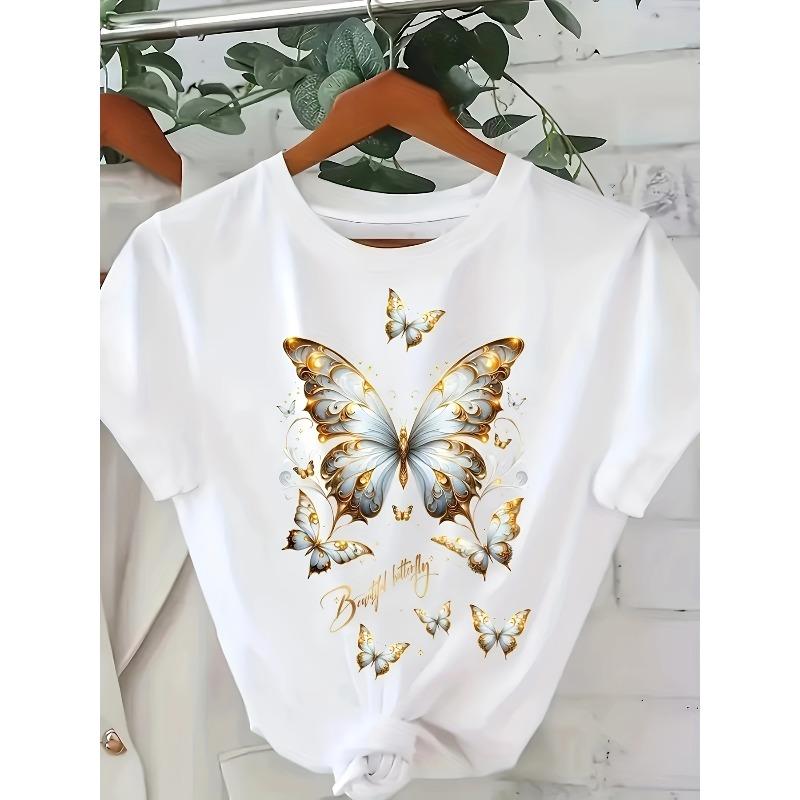 European Size Women'S Casual Summer T-Shirt with Golden Butterfly Design - "Butterfly Butterfly" Print, Short Sleeve, Round Neck, Lightweight Fabric