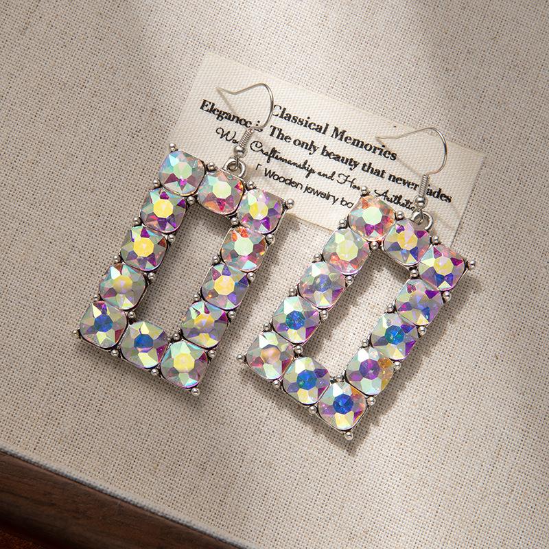 Exaggerated Geometric Square Hollow Earrings High-End Sense Colored Diamonds Fashion Shiny Earrings Bohemian Earrings
