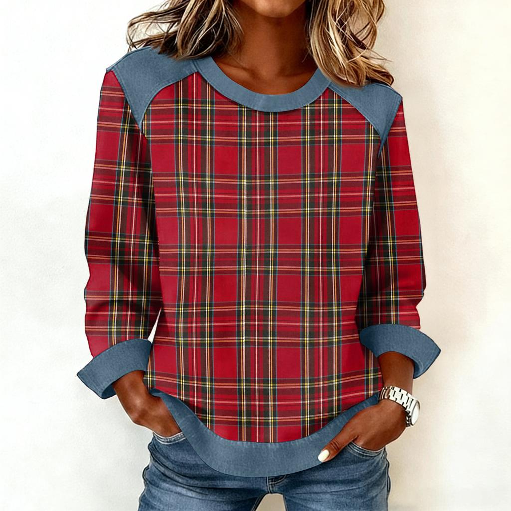Women Denim Collar Patchwork Stitching Sweatshirt Casual  Pullover Long Sleeve Shirts