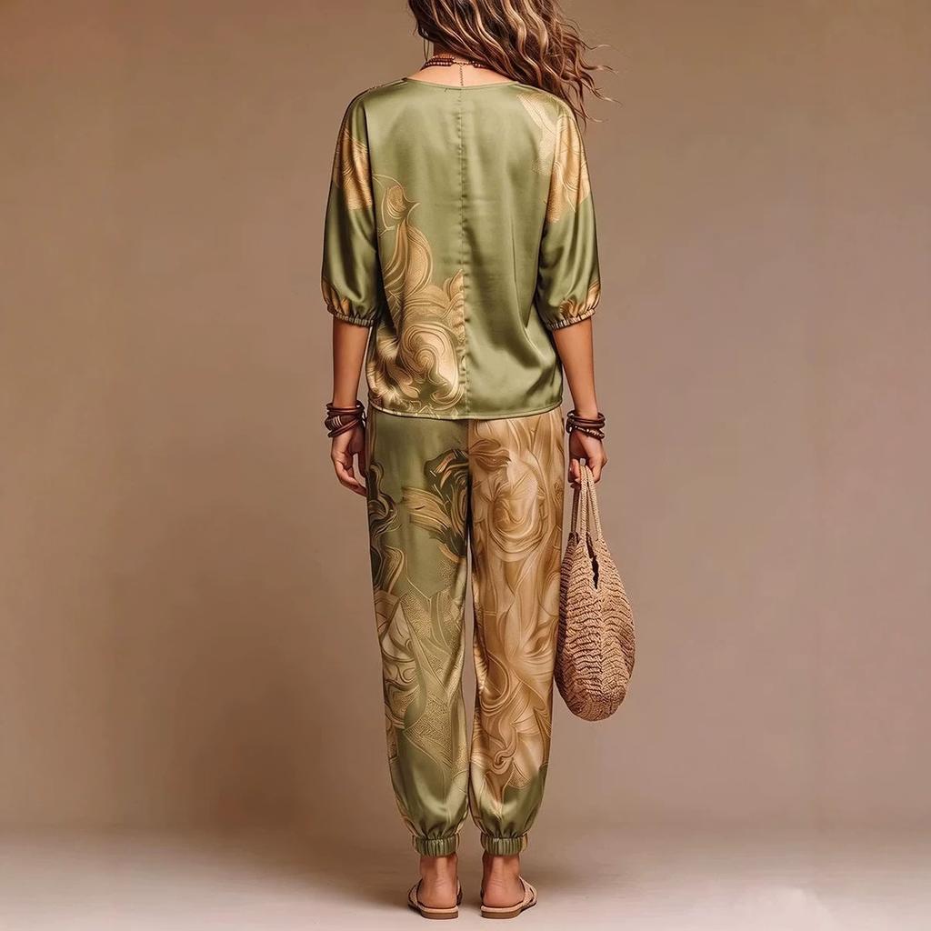 Conjunto de top casual feminino transfronteiriço europeu e americano para comércio exterior, em cetim, com decote V, mangas de três quartos estampadas, e calças de cintura alta de perna larga