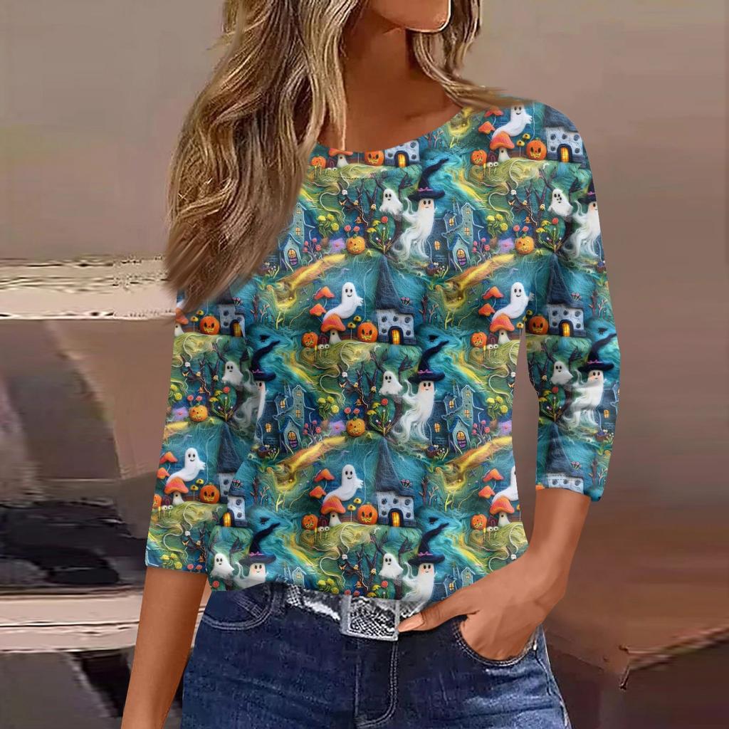 Damska Moda Casual Rękaw Trzy Czwarte Nadruk Halloween Okrągły Dekolt Top
