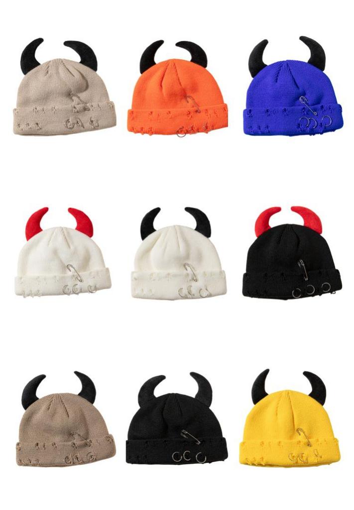 Korean Horn Button Wool Beanie with Devil Ears - Unisex Spring/Autumn Hat