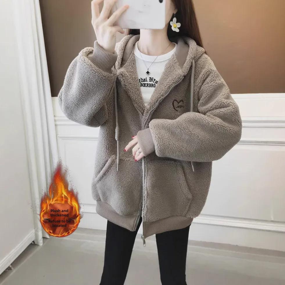 Damen Fleece Kapuzenstrickjacke - Neuer Herbst/Winter Dicker Lammfleece Stil