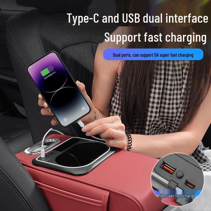 Multifunctional Car Armrest Riser with Dual Fast Charging, Rhythm Light, Cup Holder, and Tissue Box