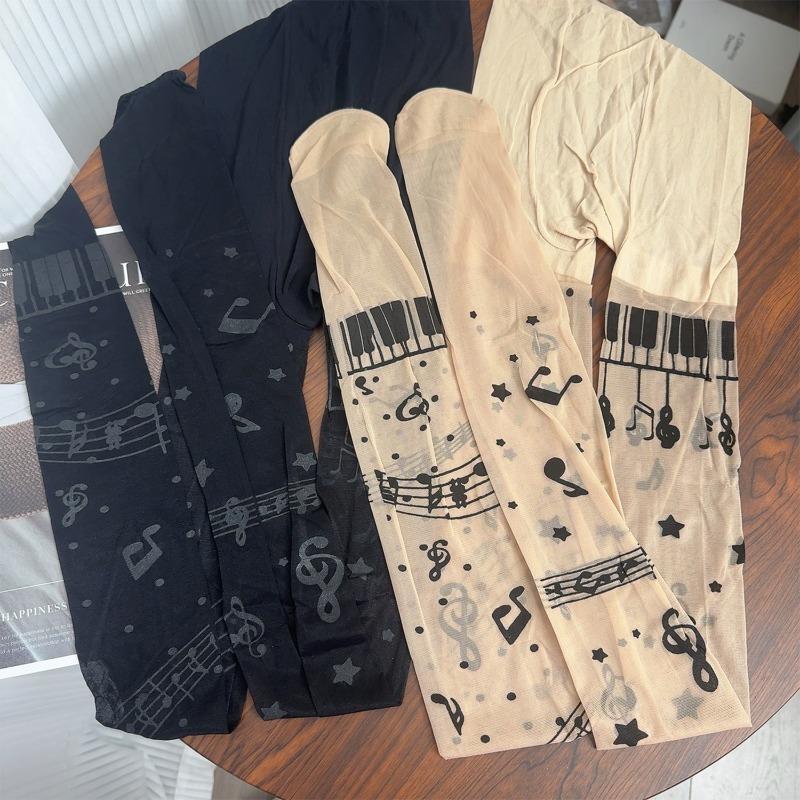 Vintage Y2K Lolita Music Note Piano Print Pantyhose for Women Sexy Stockings Korean Sweet Cool Hosiery Thin High Elastic Socks