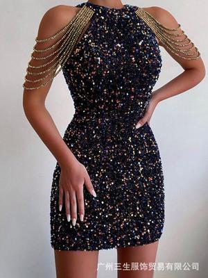 Spring and Summer Women's Dress Fashion Hanging Neck Sexy Crystal Tassel Hip Sequins Dress Midi Evening Gowns