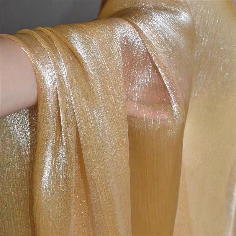 Caramel-colored pleated glitter transparent organza fabric suitable for wedding dresses evening gowns designer clothing fabrics