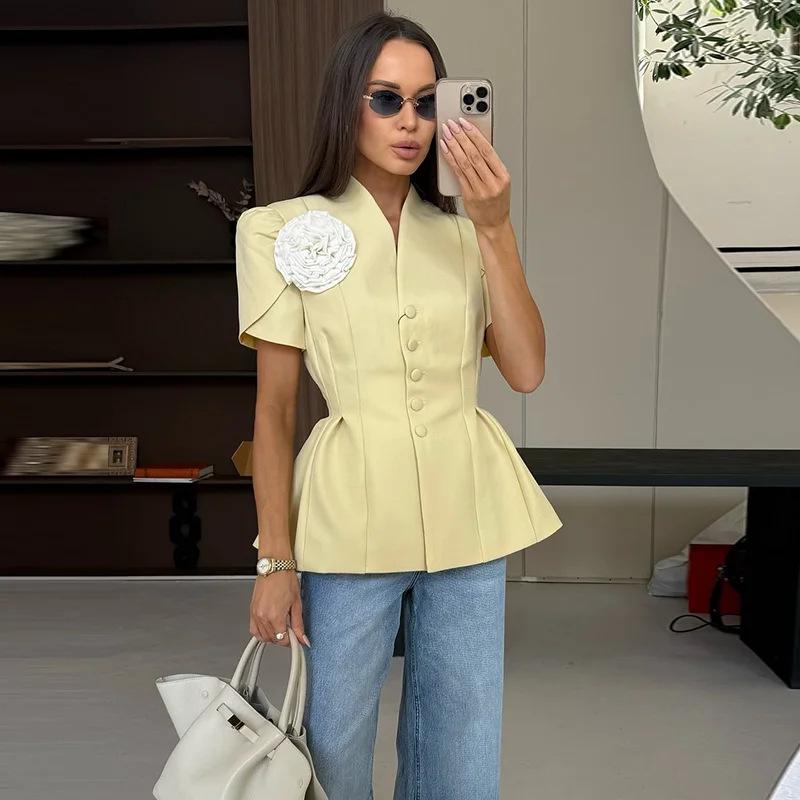 Moda Donna Europea e Americana Estate 2025 Top Suit Corto a Maniche Corte Floreale Fatto a Mano in Vita Stretta