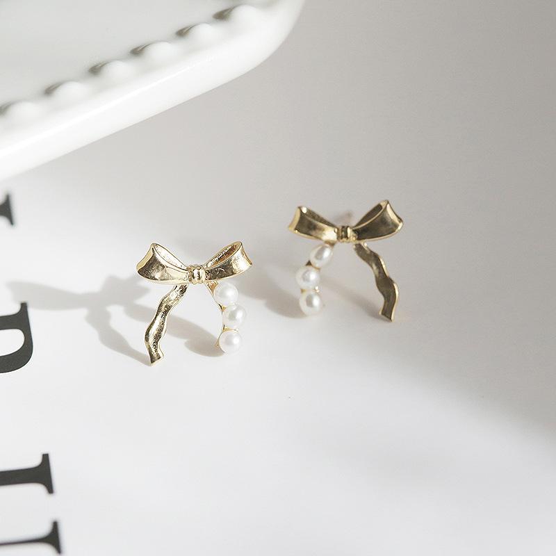 Boucles d'oreilles pendantes Sweet Streamer Petit nœud perle Cadeau Femmes Style Rétro Français