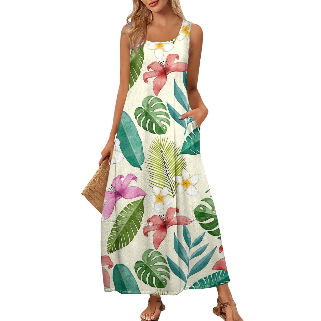 Damen Sommer Mode Rundhals Ärmellos Strandkleid Kleider mit Blumendruck