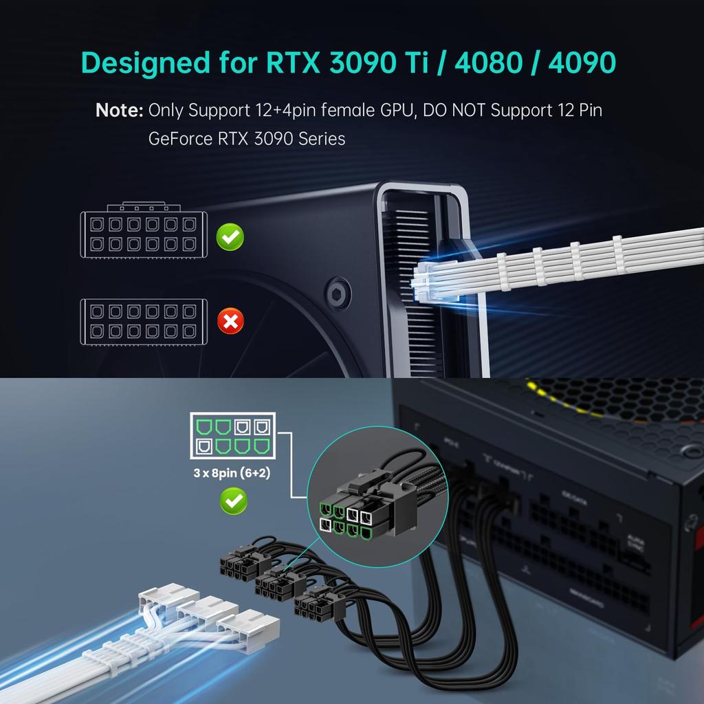 AsiaHorse PCIE GPU 16AWG PC Power Adapter Extension GPU 12VHPWR Power Sleeved Cable to GPU RTX Snow White 5.0 Cable, Extension, 16-Pin (12+4) 38-Pin