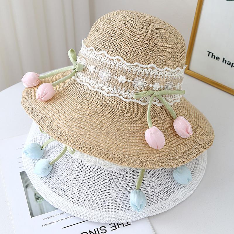 New Lace Bow Flower Straw Hat Women's Summer Outdoor Sunshade Sun Hat Beach Hat Straw Sun Hat