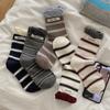 Boneless Striped Socks Women'S Contrast Color Double Luo Mouth Letter Cloth Label Mid-Tube Socks Cotton Sweat-Absorbing Breathable Pile Socks