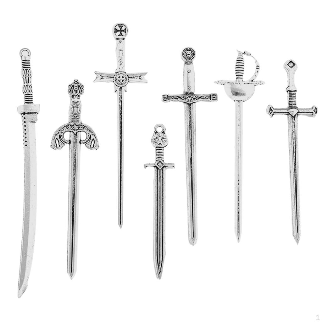 7 Pieces Alloy Swords Knife Charms, Mini Antique Sword Pendants, Charms for Necklace, Jewelry