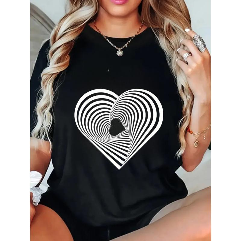 Nadměrné tričko s potiskem optické iluze černého srdce, ležérní oblečení pro ženy, letní módní výrazný top, streetwearový trendy outfit