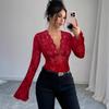 Frühlings- und Sommer Damen V-Ausschnitt Spitze Spleißen Mesh Glockenärmel T-Shirt Tops Damen Vielseitige Schrank-Essentials Modeartikel Hemd