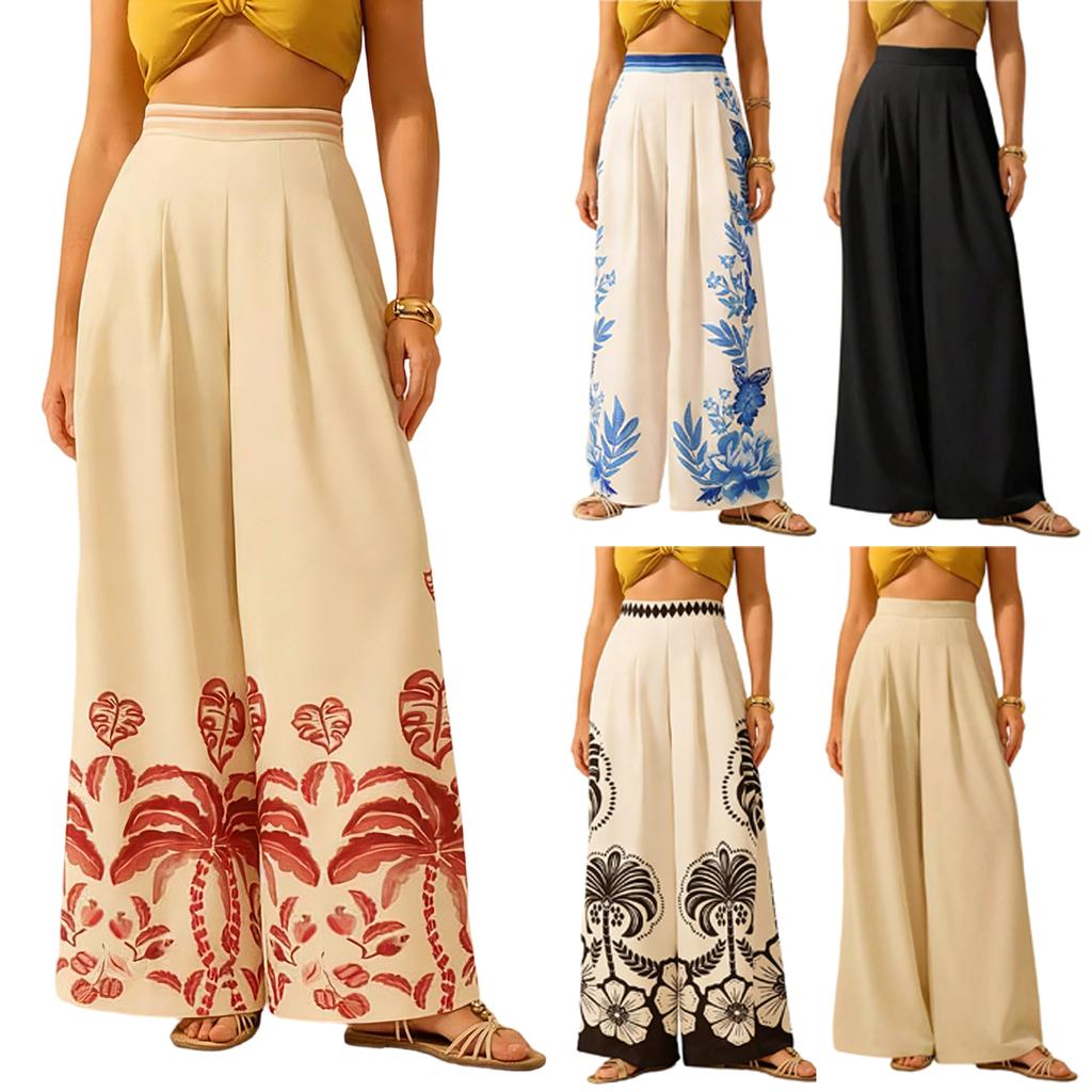 Ladies' Color Printed Casual Loose High Waisted Wide Leg Pants