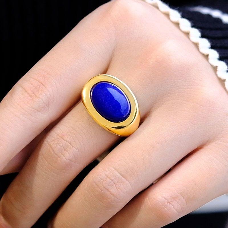 Simplicity Lapis Lazuli Rings For Women Original Design Glossy Oval Design Couple'S Ring Banquet Jewelry Adjustable Opening