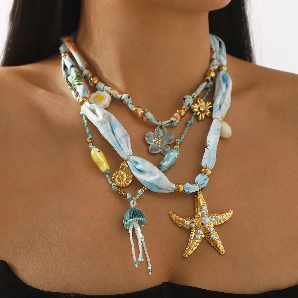 Jelly Fish Beach Ocean Series Necklace Starfish Blue Bead Necklace  Girls