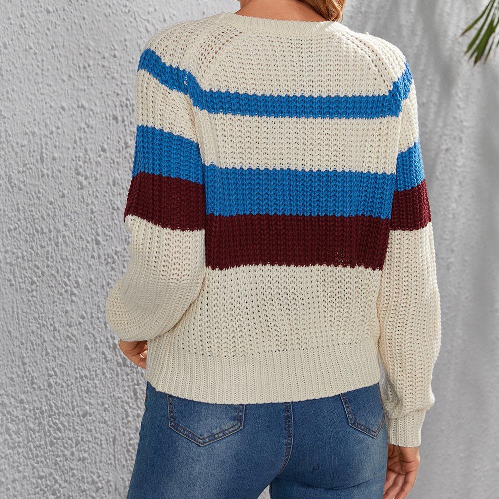 Spring Summer Colour Blocked Patchwork Knitted Pullover Round Neck Long Sleeved Women's Slim Fit Luxurious Relaxed-fit Slimming and Versatile Top