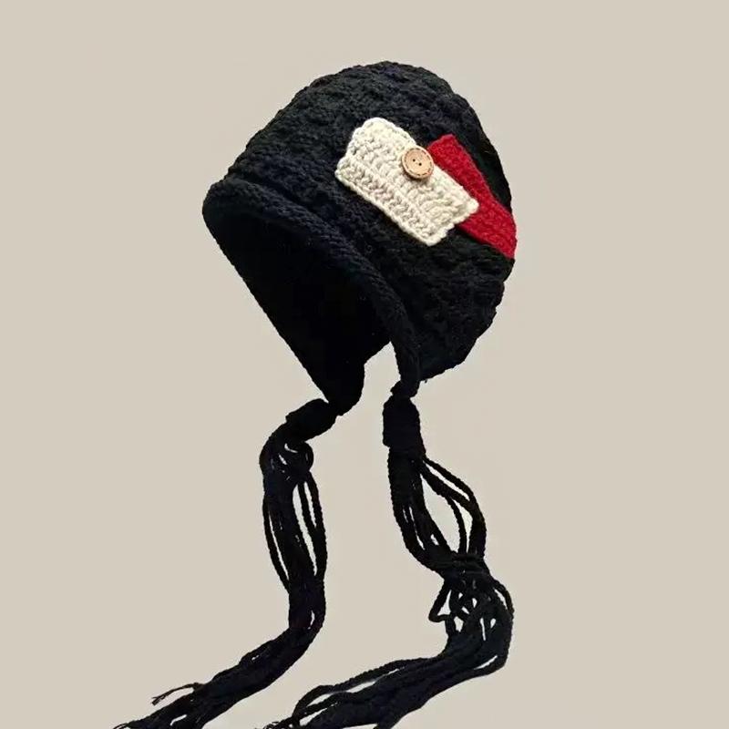 1PC Handmade Red Tassel Soft Knit Fashionable Wool Trendy Hat Handmade Braid Warm