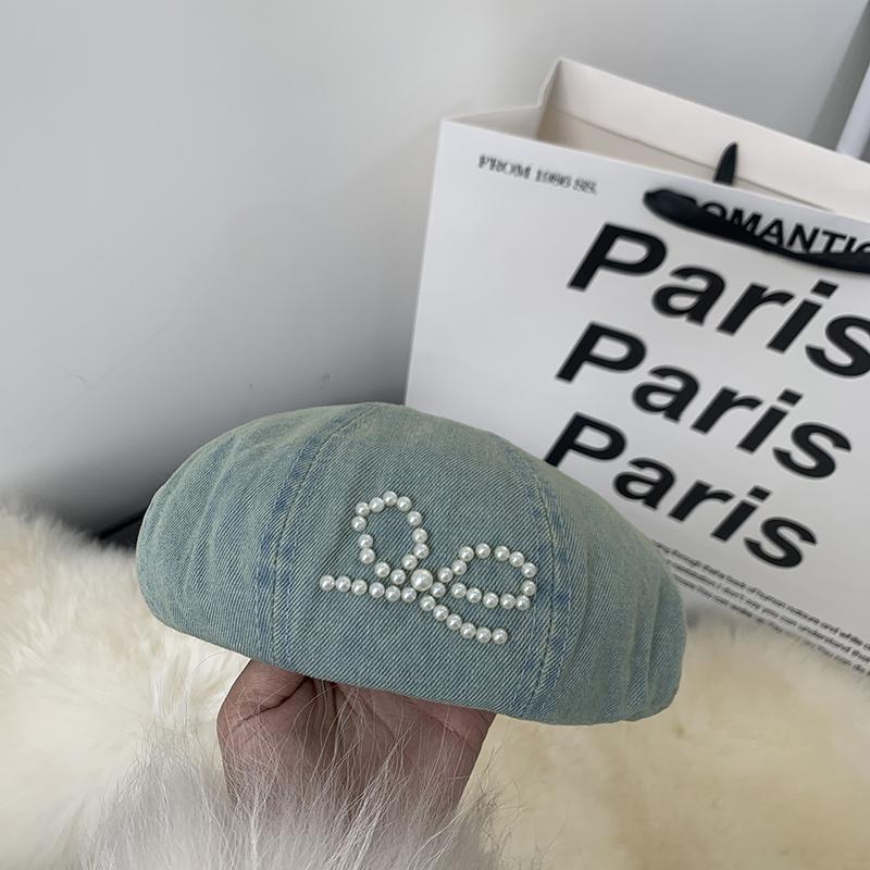 Washed denim beret sweet cool pearl bow bud hat female cute versatile face little painter hat