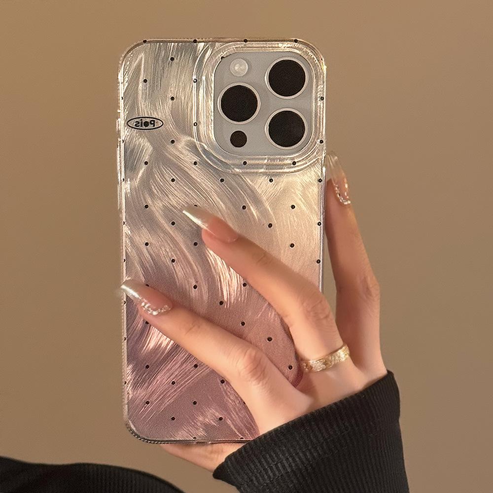 Suitable for Gradient Powder Ins Polka Dot Feather Yarn 16 Apple 17pro Max Mobile Phone Case Iphone14 Hard 12 Anti-fall High-quality Mobile Phone Case