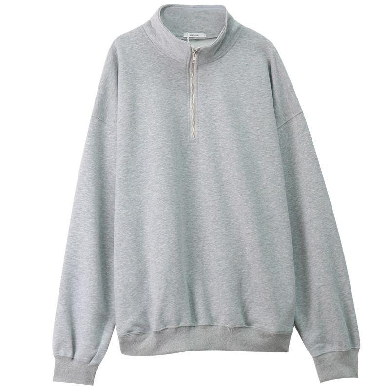 Women's Grey Mid-Length Polo Hoodie - Autumn Winter 2023 Lazy Style Trendy Outerwear