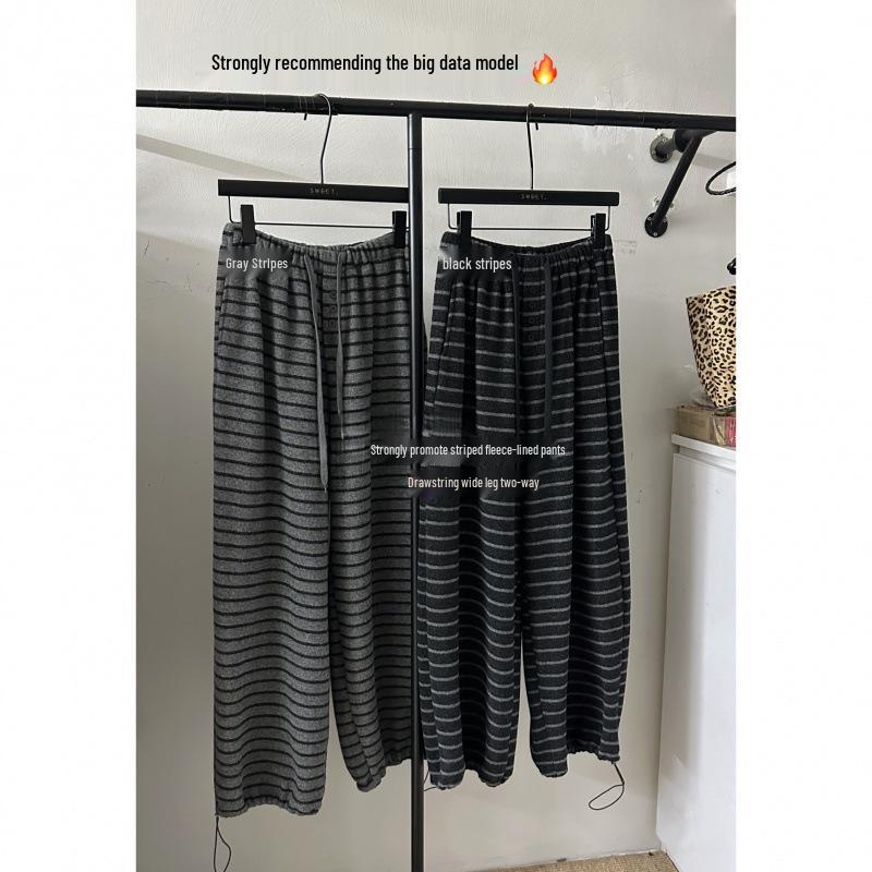 Korean Retro Striped Velvet Drawstring Pants - Casual, Warm, Slimming, Elastic Waist, Versatile Loose Fit. Large