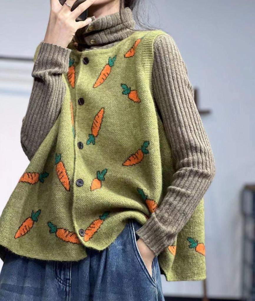 Jesień Damska Bez Rękawów Kamizelka na Guziki Nadruk Okrągły Dekolt Swetry Dzianinowe Styl Casual Luźny Sweter