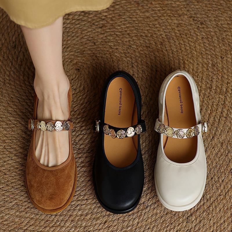 New Women's Casual Single Shoes Low-top Cowhide Single Shoes Shallow Mouth Beef Tendon Soft Sole Large Size Shoes Four Seasons Wear Sheepskin Wome