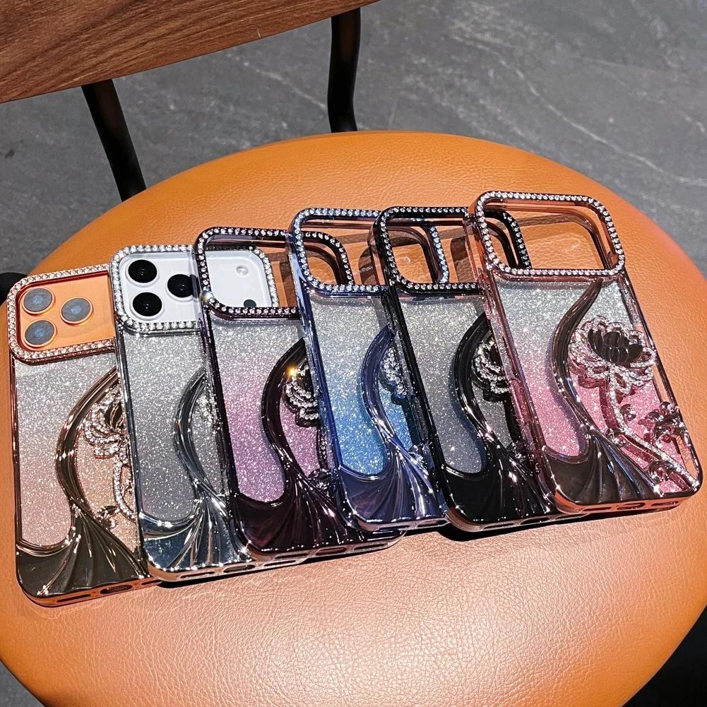 Gradient Glitter Phone Cover for Apple IPhone 12 13 14 15 16 17 Pro Max Air Plus Diamond Flowers Plating Luxury Cases Women
