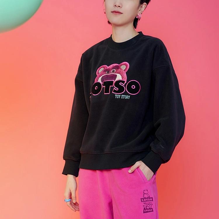 Li Ning X Disney Toy Story Strawberry Bear Series Cartoon Print Fleece Loose Pullover Sweatshirt Women Sweatshirt Black AWDR758-3