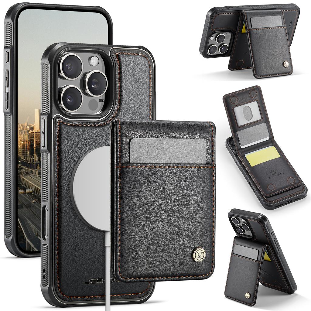 For iPhone 16 Pro Max Leather Back Cover Compatible with MagSafe JEEHOOD J06 Phone Case with Card Bag RFID Blocking