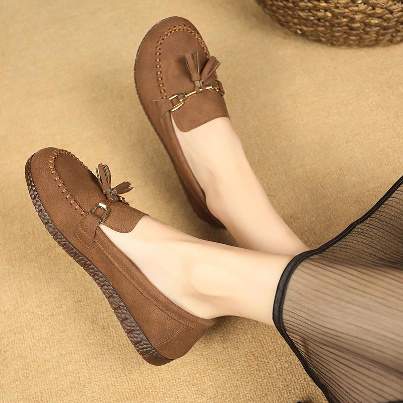 Women's Natural Leather Slip-on Ballet Flats Loafers Round Toe Fringe Casual Female Espadrilles Mccasins Shoes for Woman