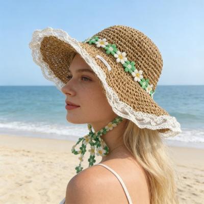 Straw Hat Wide Brim Embroidery Lace Splicing Beach Hat Embroidered Floral Adjustable Chin Strap Summer Sun Protection Hat