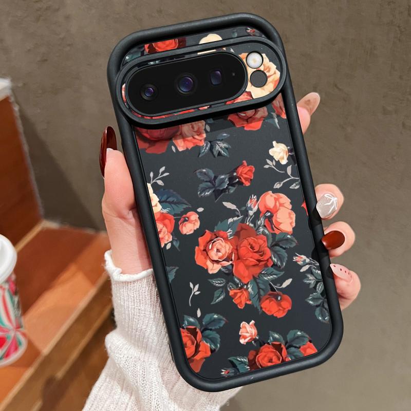 Rose Flower Pattern Plain Color Soft Silicone Phone Case for Google Pixel 9 8 Pro Xl 8a Shockproof Matte Lens Protection Anti-Fall Cover