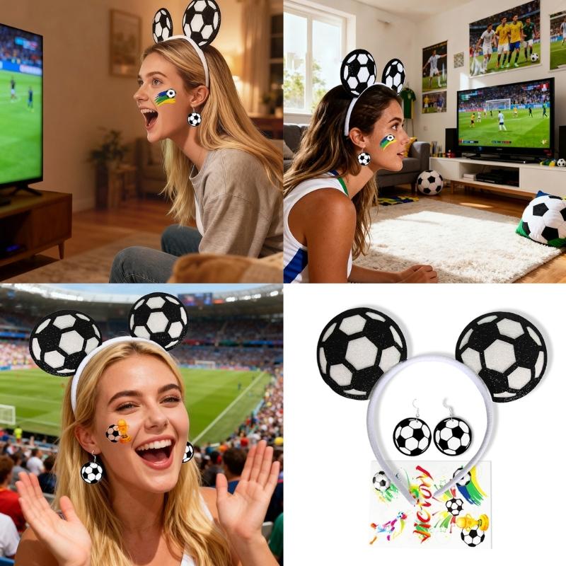 3Pcs Soccer Fan Hairband Set With Geometric Ball Design Hair Ornament Earrings And Skin Decal For Parties