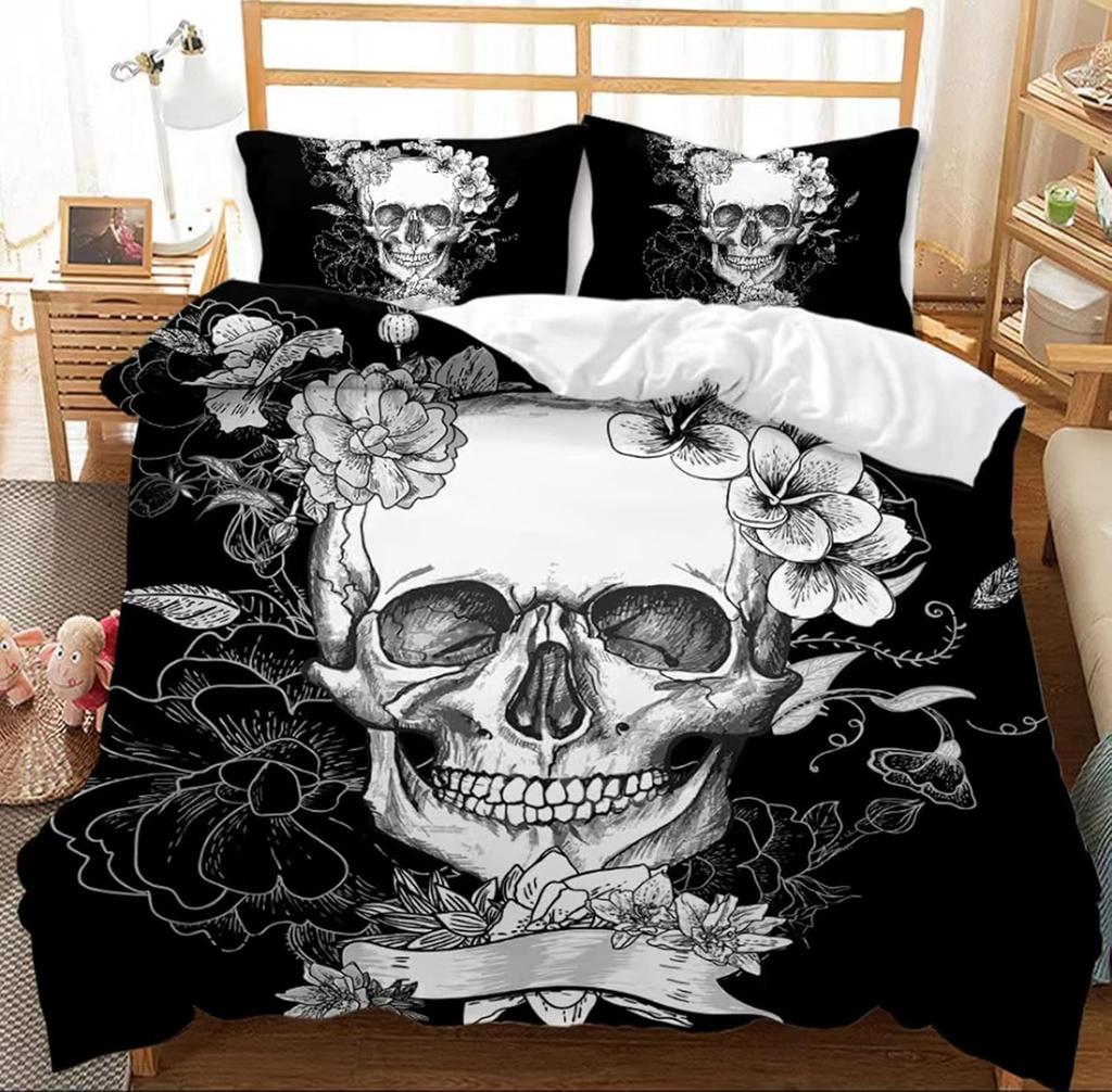 3D printed fashionable boutique skull and rose super soft ultra-fine fiber bed sheet set, children and adults full-size with zip