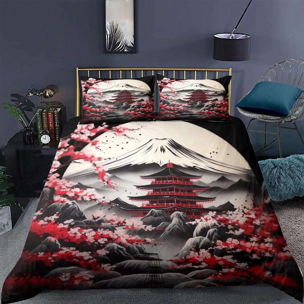 Japanese Building Duvet Cover Sets for Teens Queen Size Quilt Covers Lightweight Down 2 Pillowcases 1 Duvet Cover No Comforter