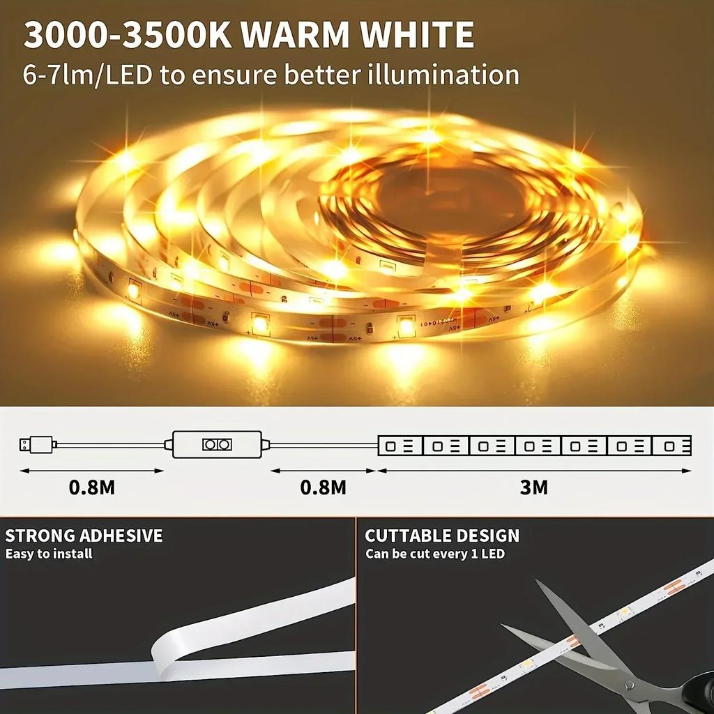 5V USB Flexible LED Strip Light with Hand Sweep Sensor Touch Switch Dimmable Tape Lamp for TV Backlight Mirror Cabinet Lighting