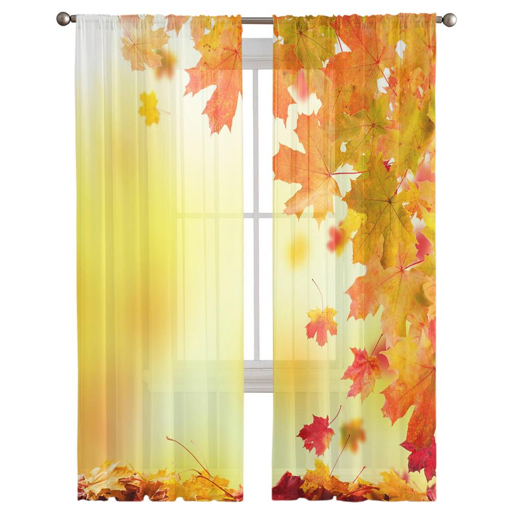 Youth Bedroom Sheer Curtains Maple Leaf Falling Yellow Kitchen Study Hanging Curtains Living Room Holiday Decor Tulle Curtains